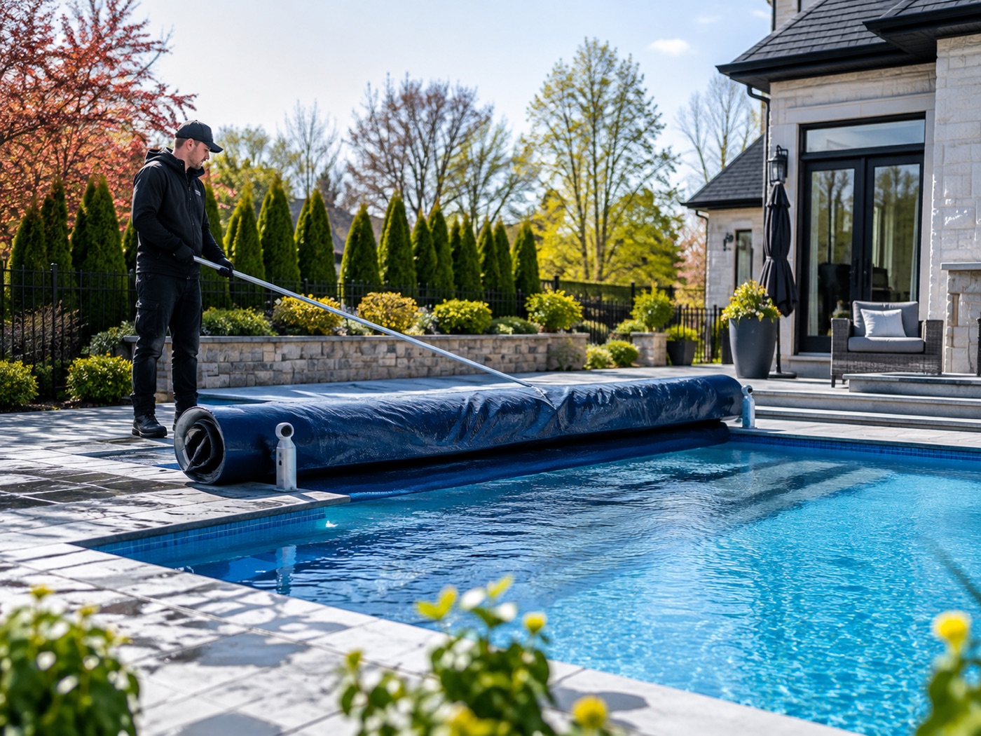 Technician rolling back the pool cover during a spring opening