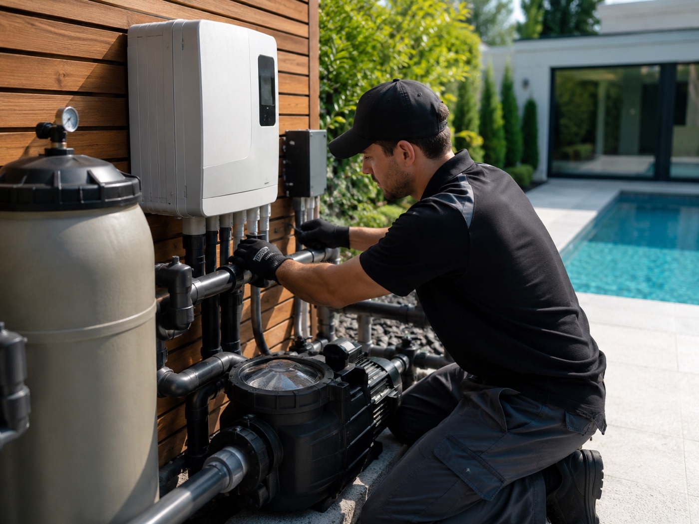 Technician installing new pool equipment and plumbing