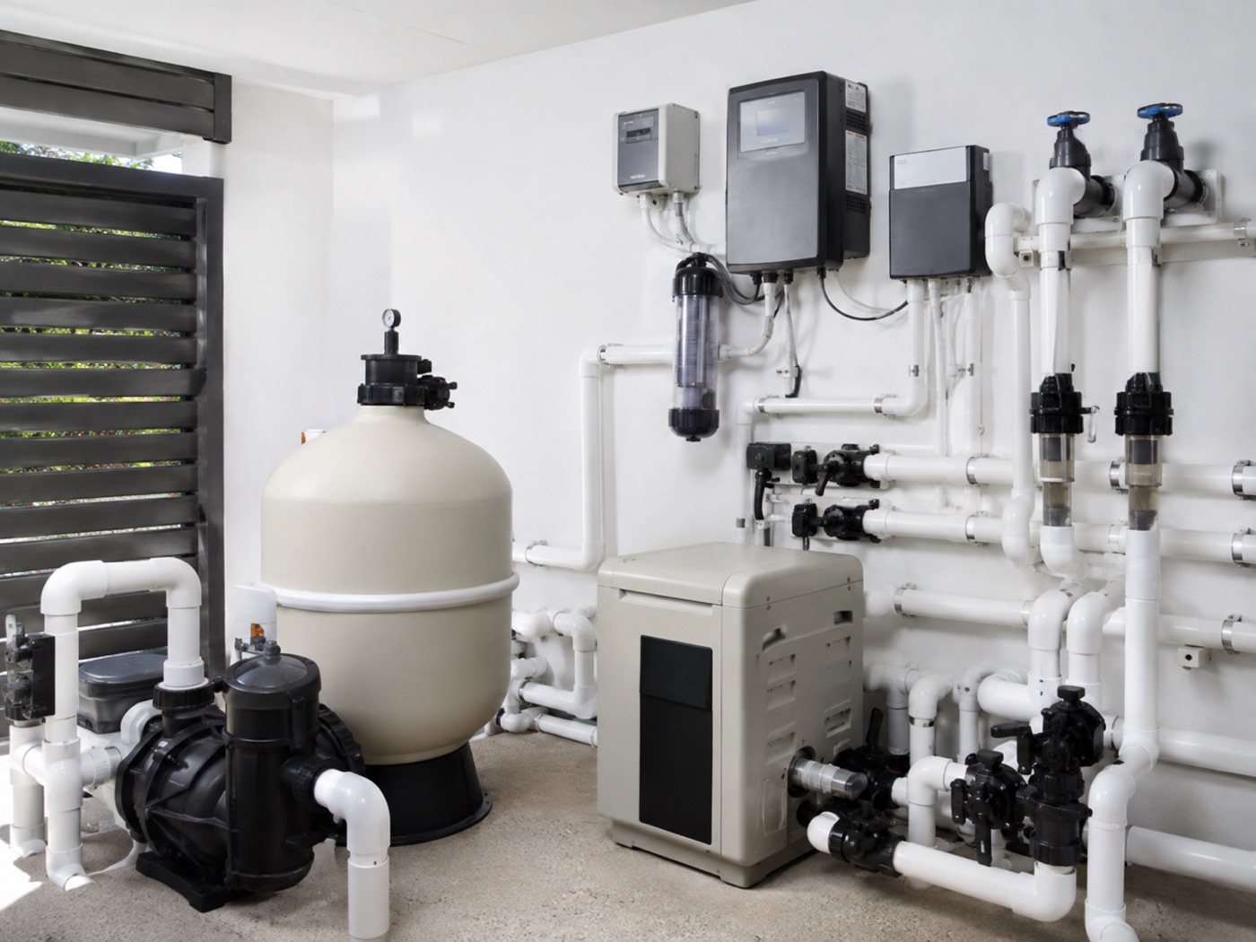 Technician servicing a pool pump and filter system
