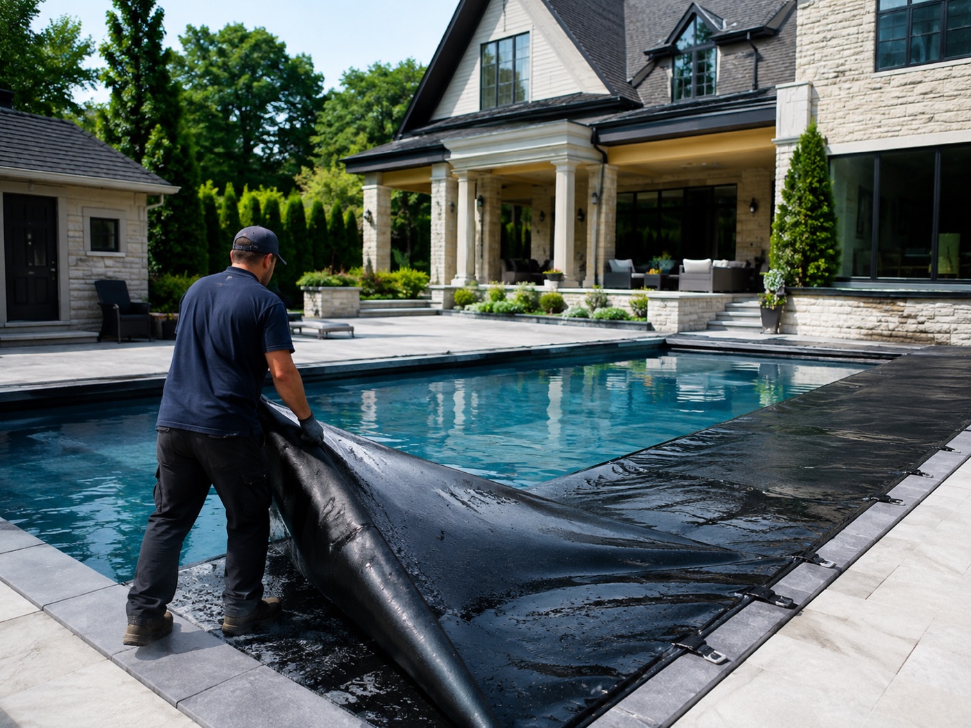 Technician removing a lock-in pool cover in spring