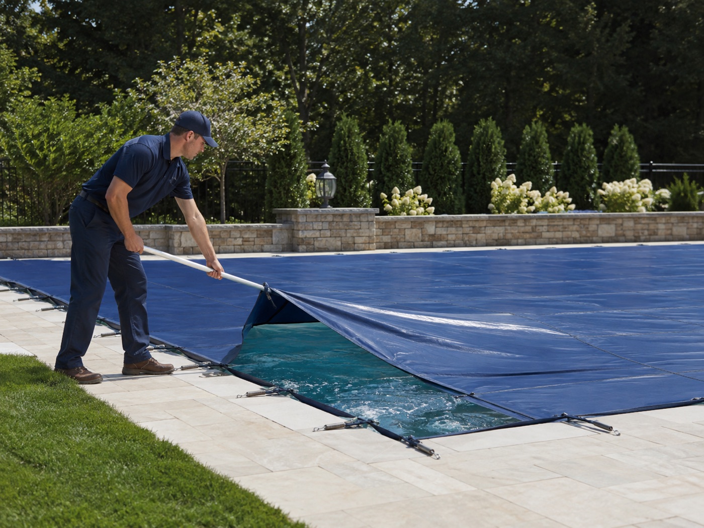 Waterbag cover being pulled back from a pool