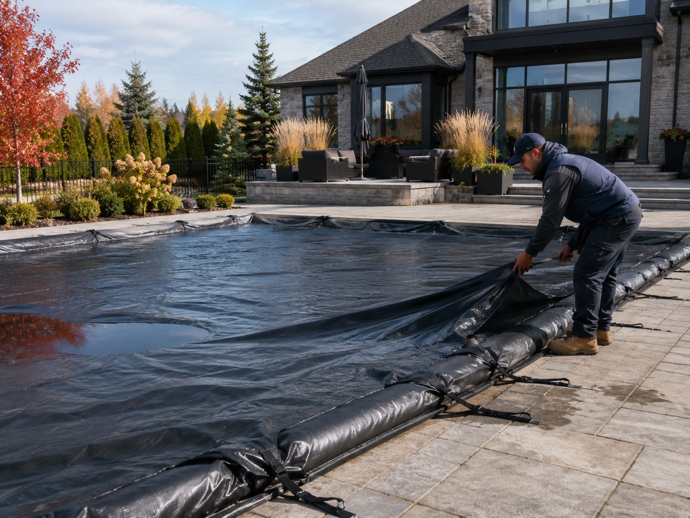 Technician installing a lock-in winter cover with waterbags in autumn