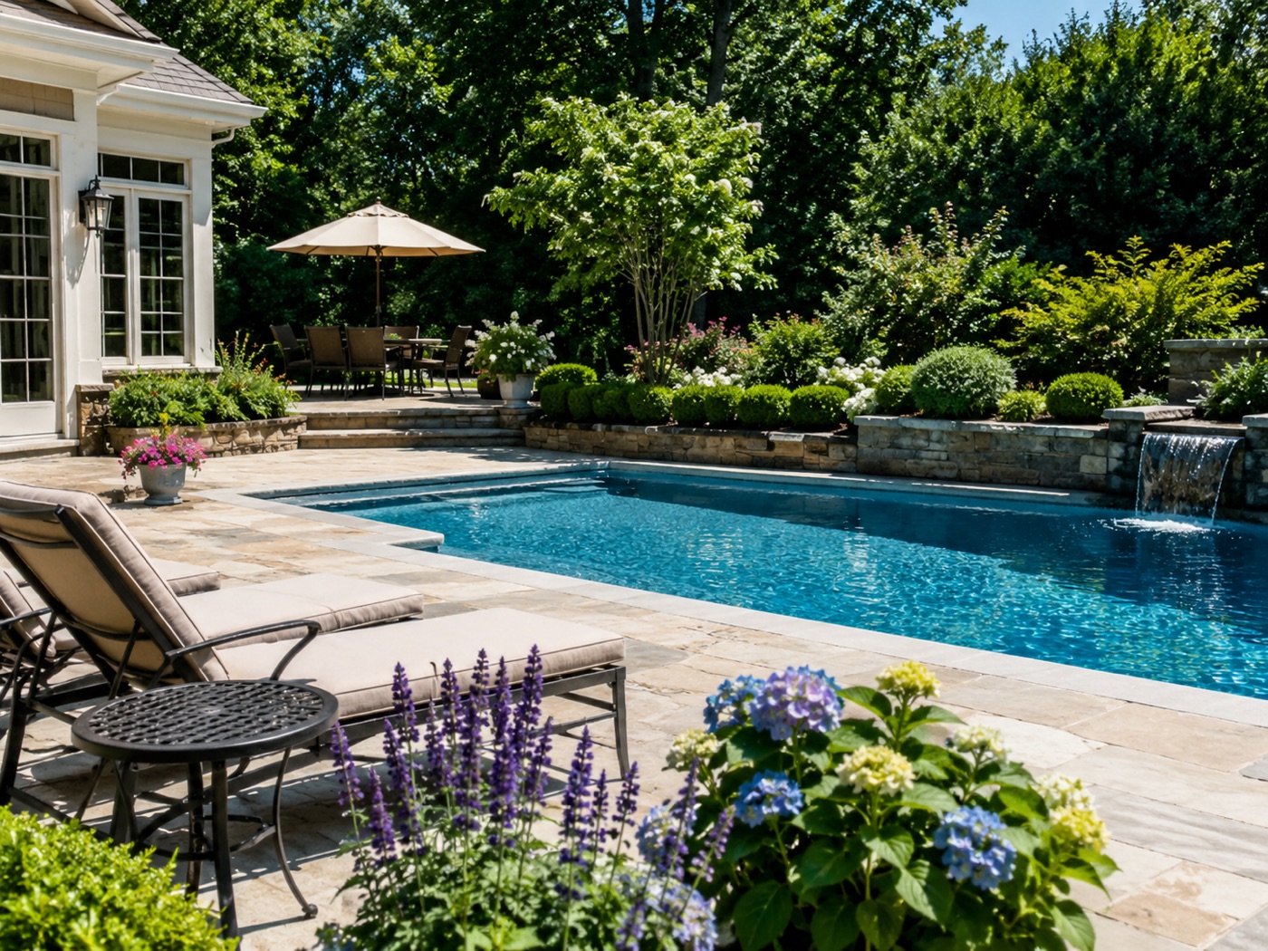 Finished pool with new liner, waterfall and stone surround