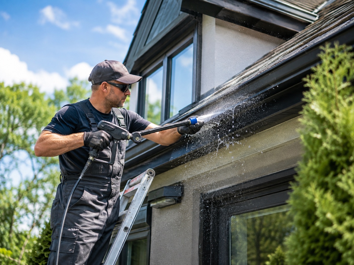 Technician clearing leaves and debris from an eavestrough