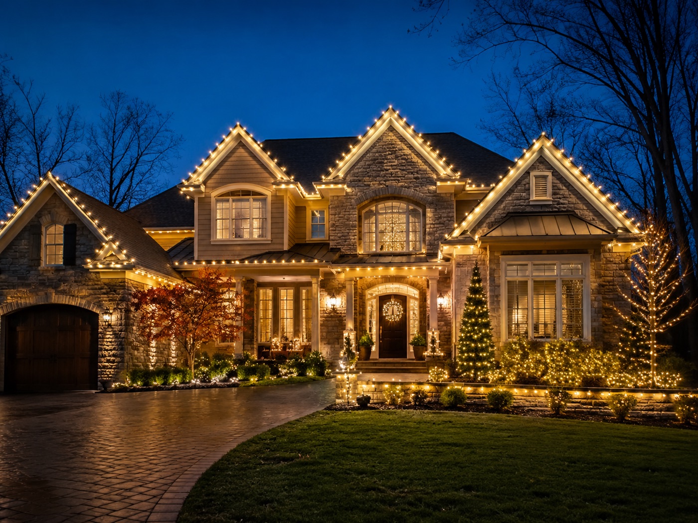 Home lit with professional holiday lighting at dusk
