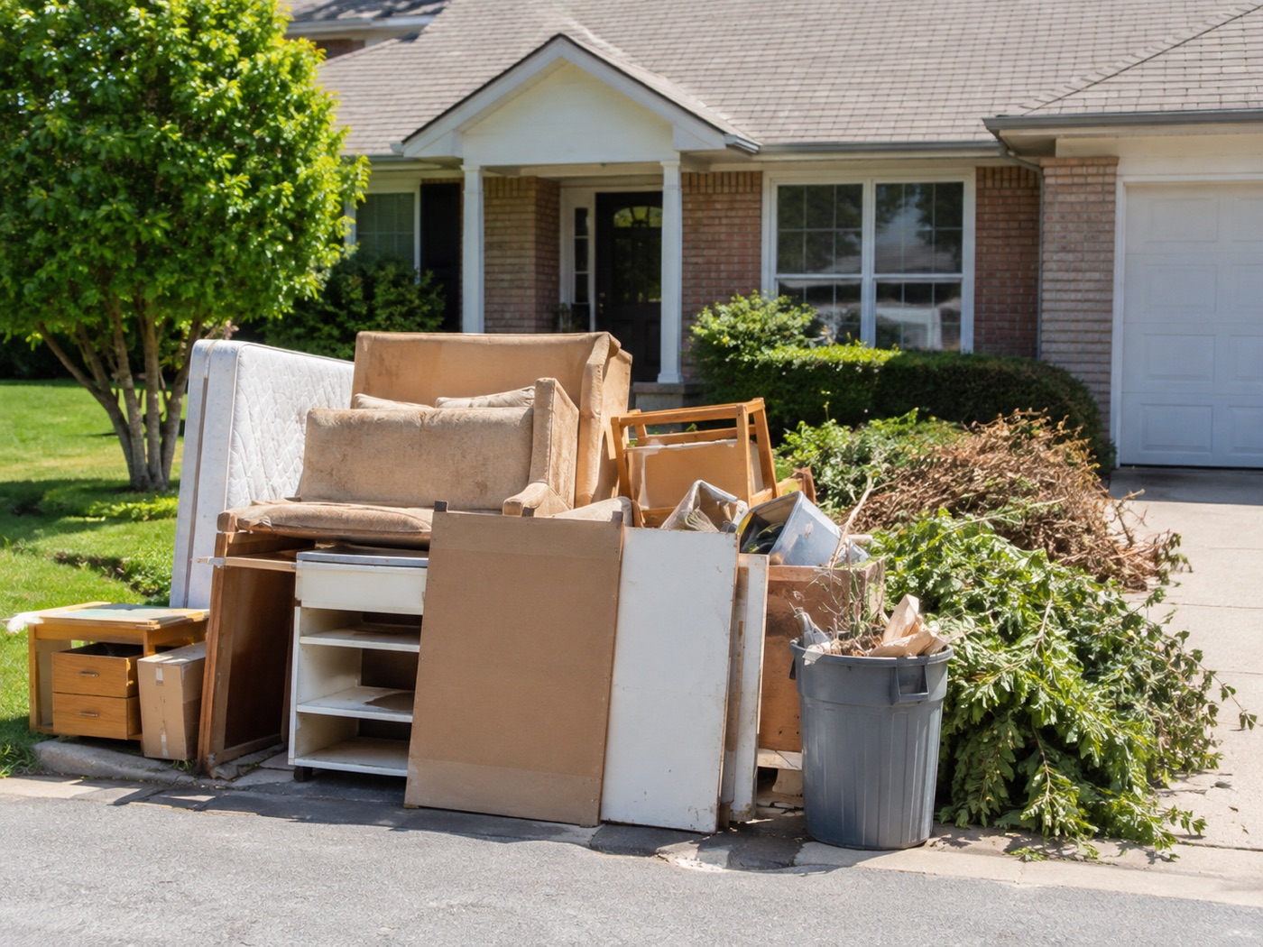 Household junk staged at the curb for removal