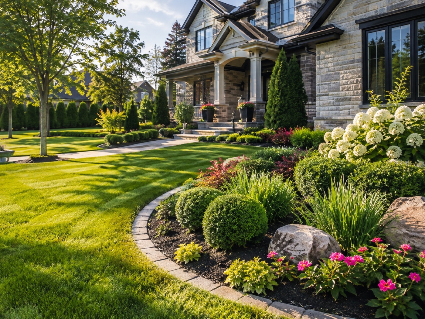Manicured front garden with fresh lawn, trimmed shrubs and flower beds