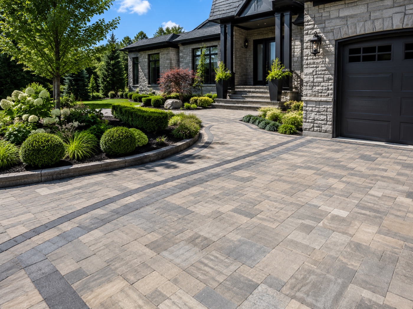 Interlock paver driveway and walkway in front of a stone home