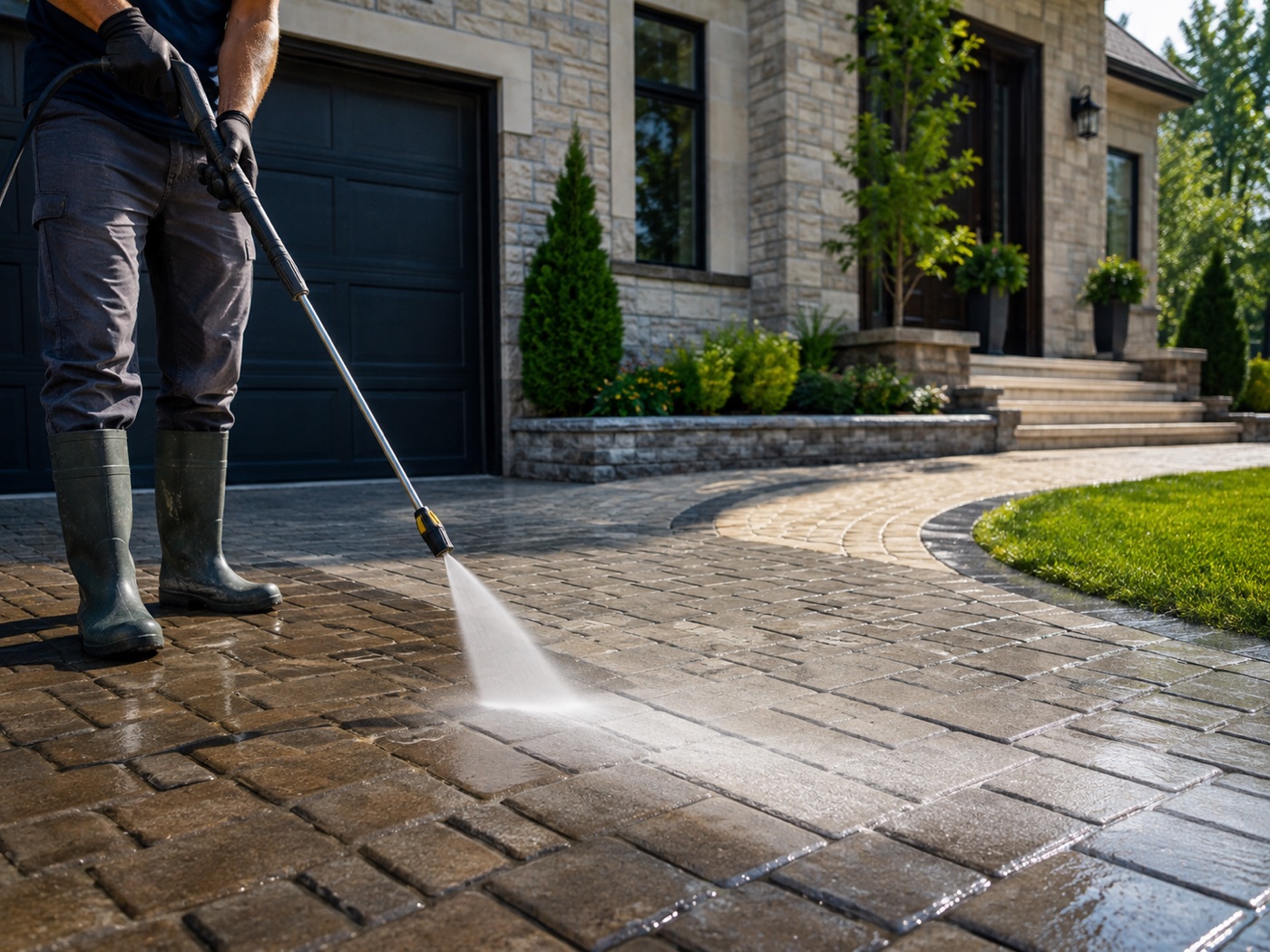Pressure washing a paver driveway in front of a home